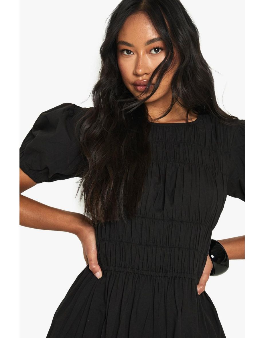 Cotton Poplin Shirred Mini Dress - black - 3