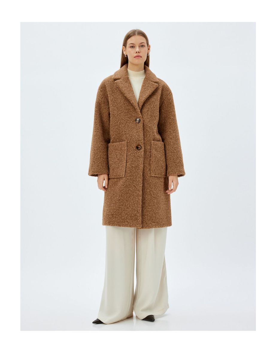 Long Boucle Coat Double Breasted Reverse Collar Pocket