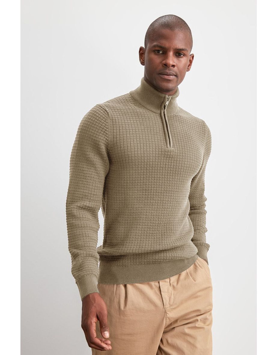 Beige Slim Half Turtleneck Textured Knitwear Sweater