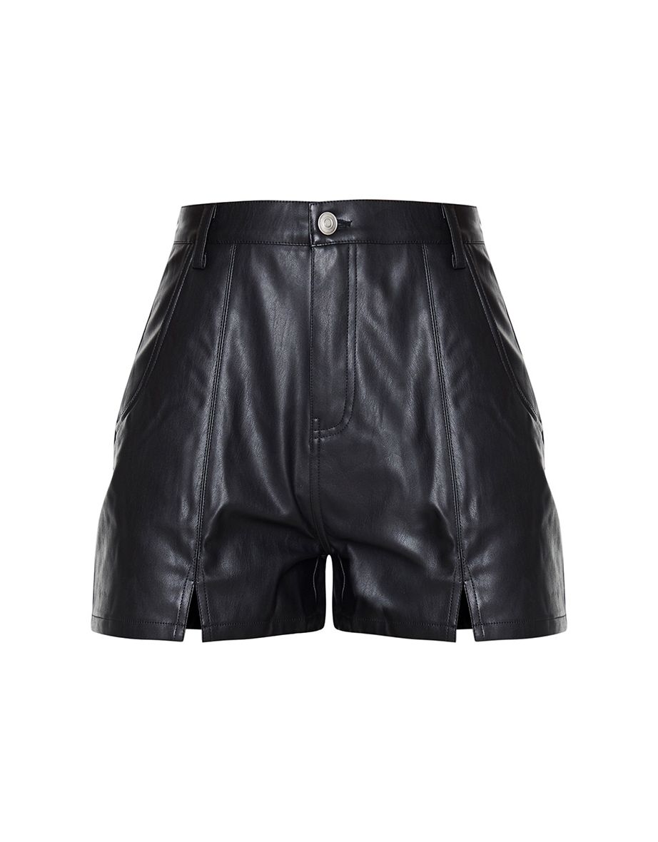 Black Seam Detail Faux Leather Shorts - 5