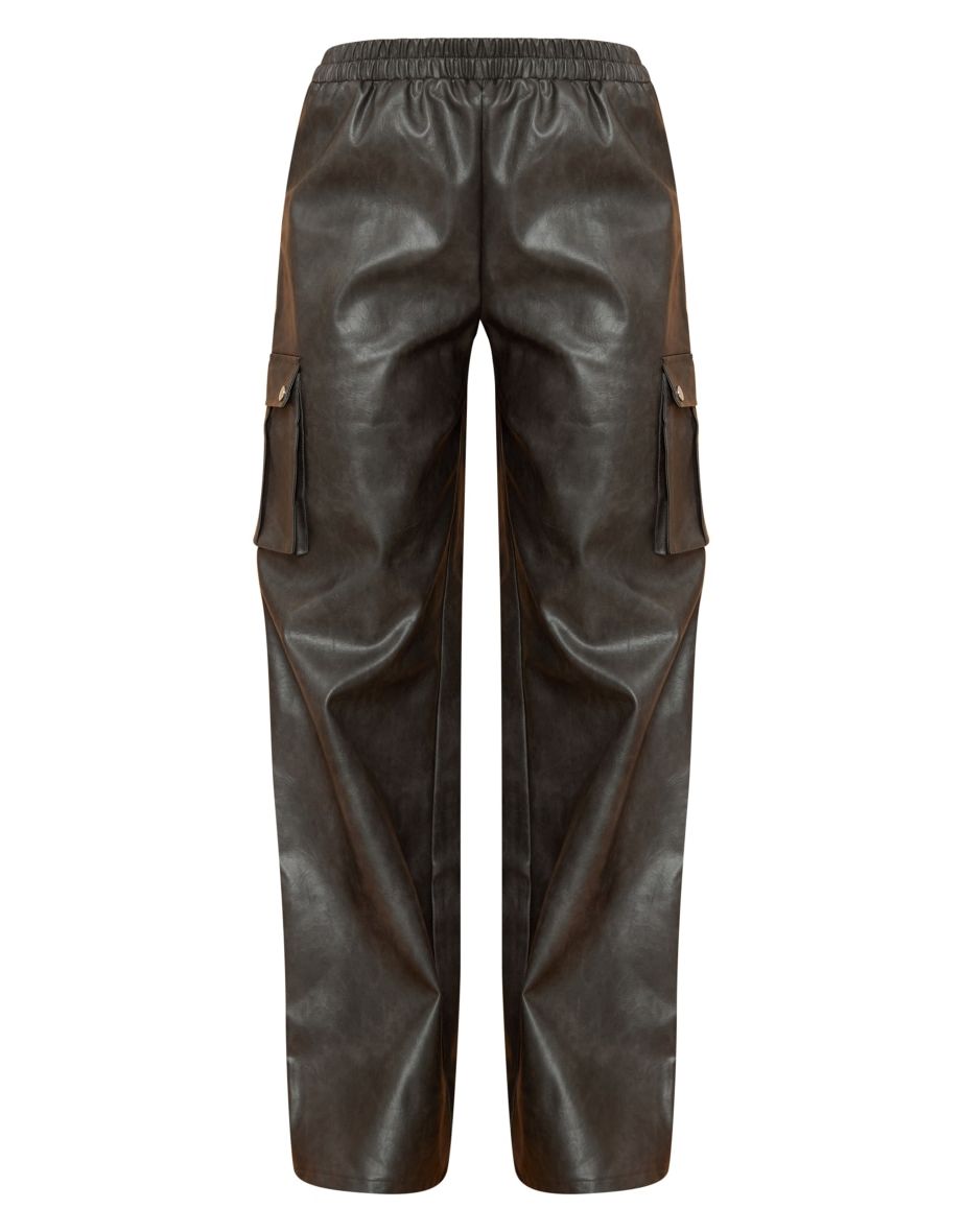 Washed Black Faux Leather Wide Leg High Waisted Cargo Trousers - 4