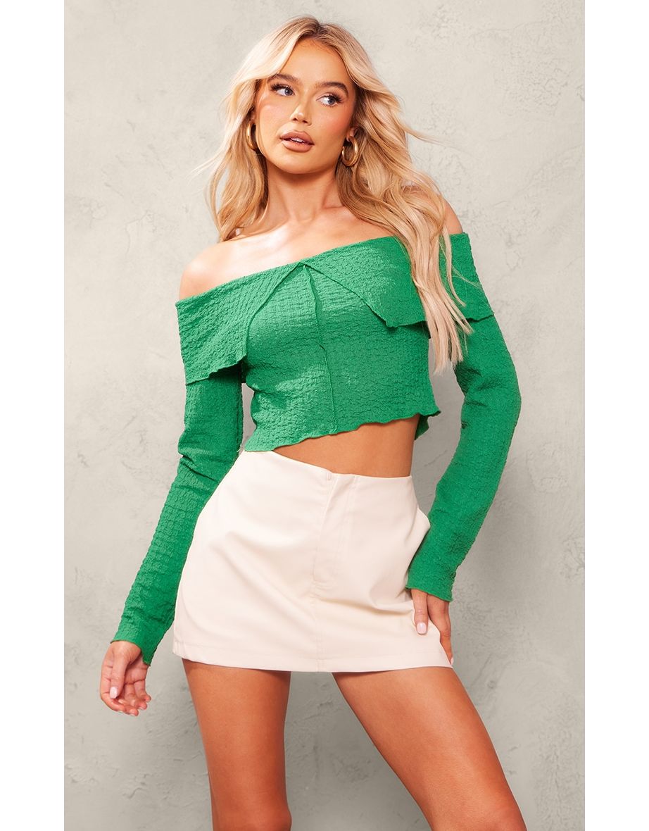 Green Textured Popcorn Foldover Bardot Top
