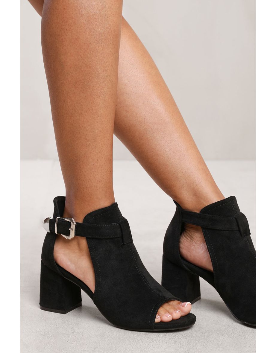 ZANEEN BLOCK HEEL WITH SIDE BUCKLE AND OPEN TOE FRONT IN BLACK SUEDE