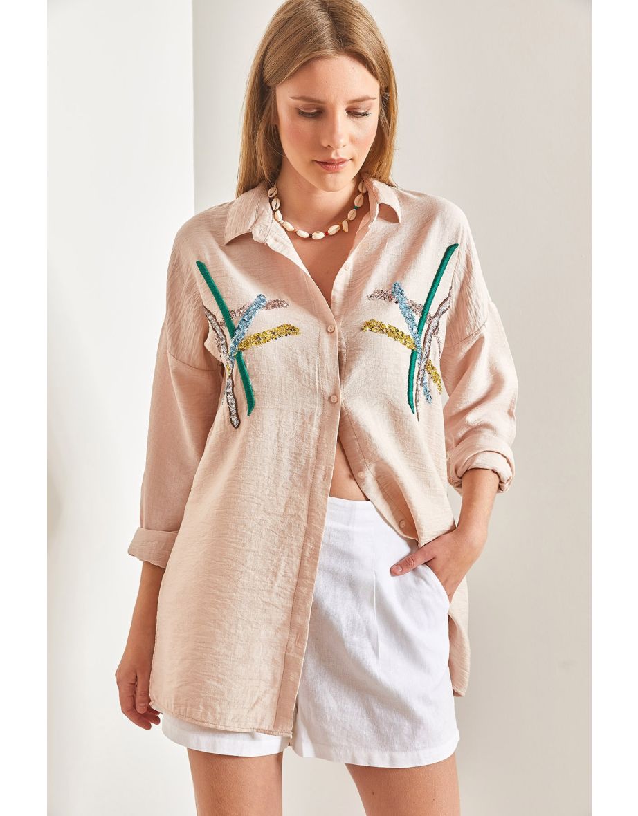 Bianco Lucci Beige Embroidered Shirt