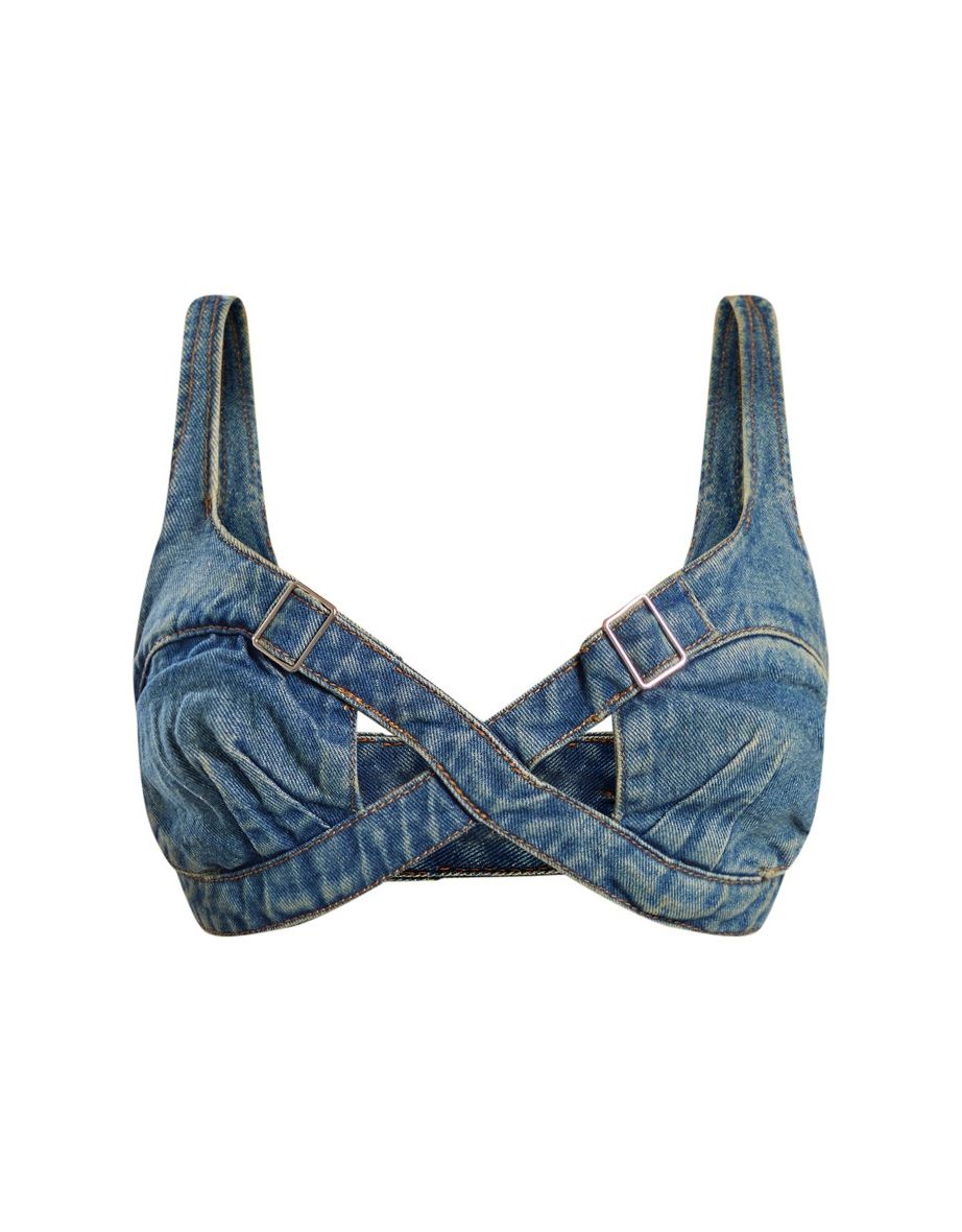 Indigo Vintage Wash Cut Out Buckle Detail Denim Brallette - 4