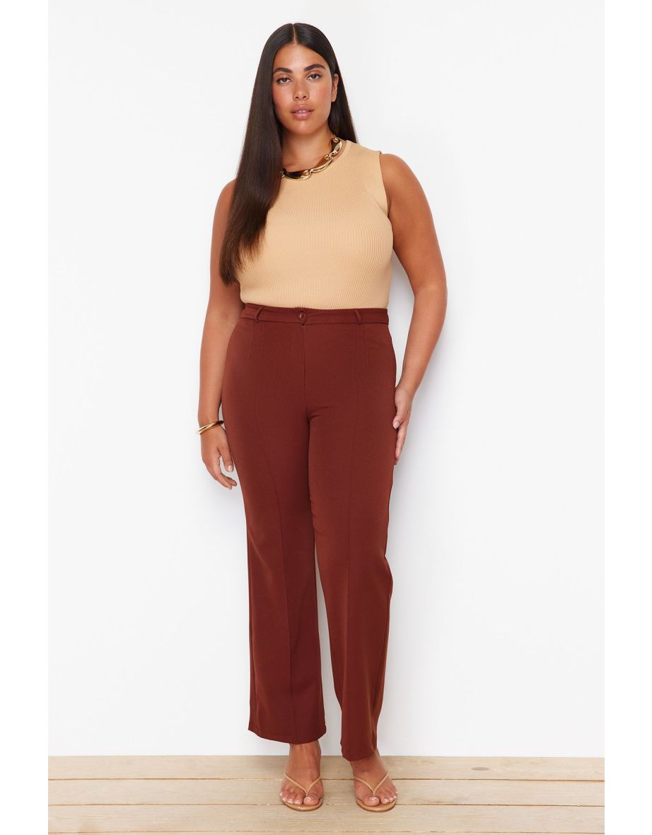 Brown High Waist Ribbed Stitched Wide Leg Trousers