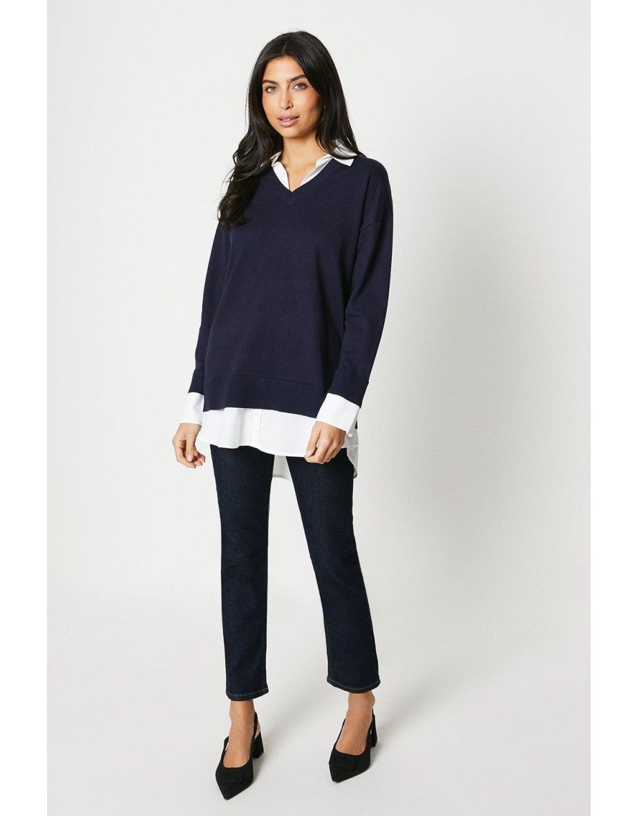 Shirt Collar Detail V Neck Jumper - 3