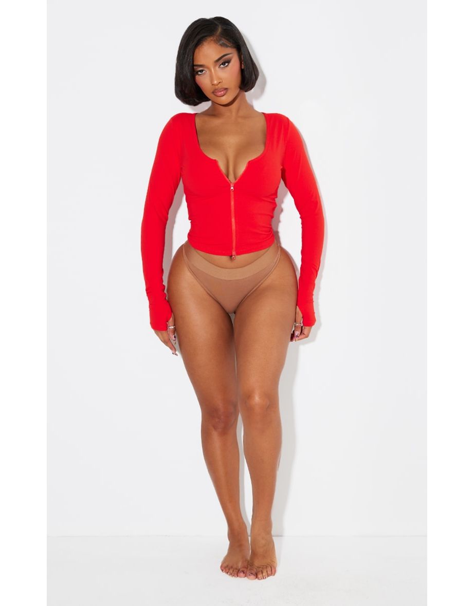 Shape Red Sculpted Zip Long Sleeve Through Top
