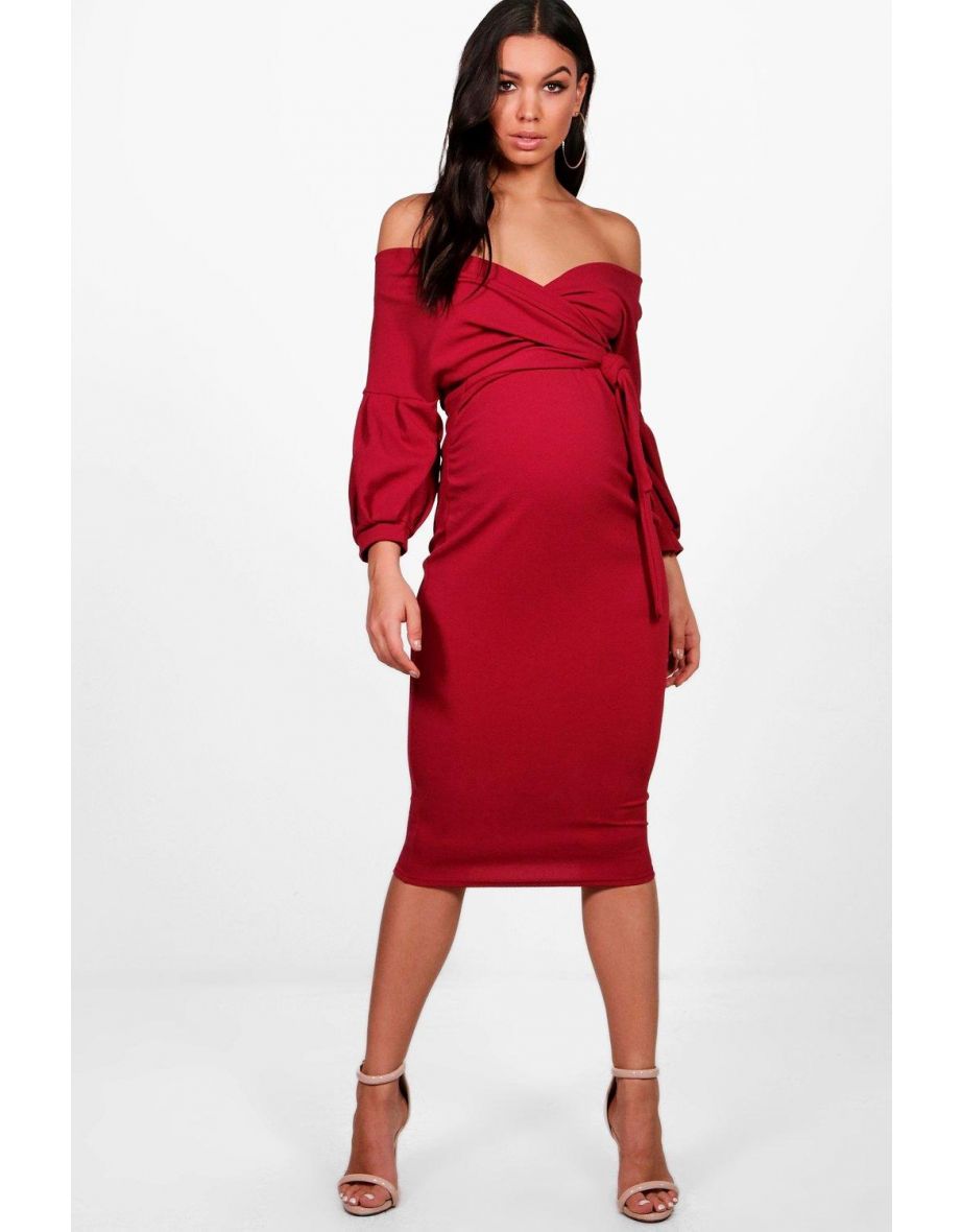 Maternity Off The Shoulder Wrap Midi Dress - berry