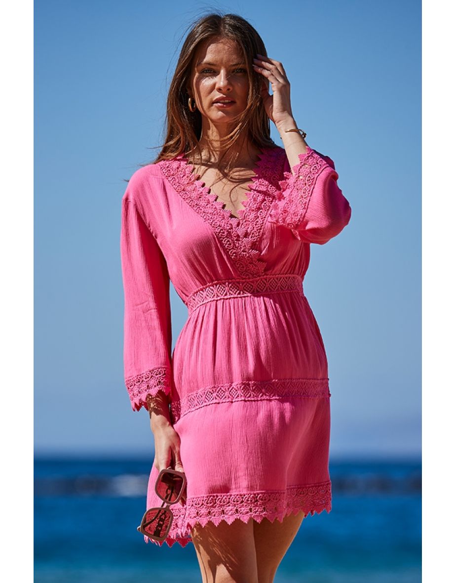 Shop Pink Lace Trim Wrap Front Sun Dress Online in Qatar VogaCloset