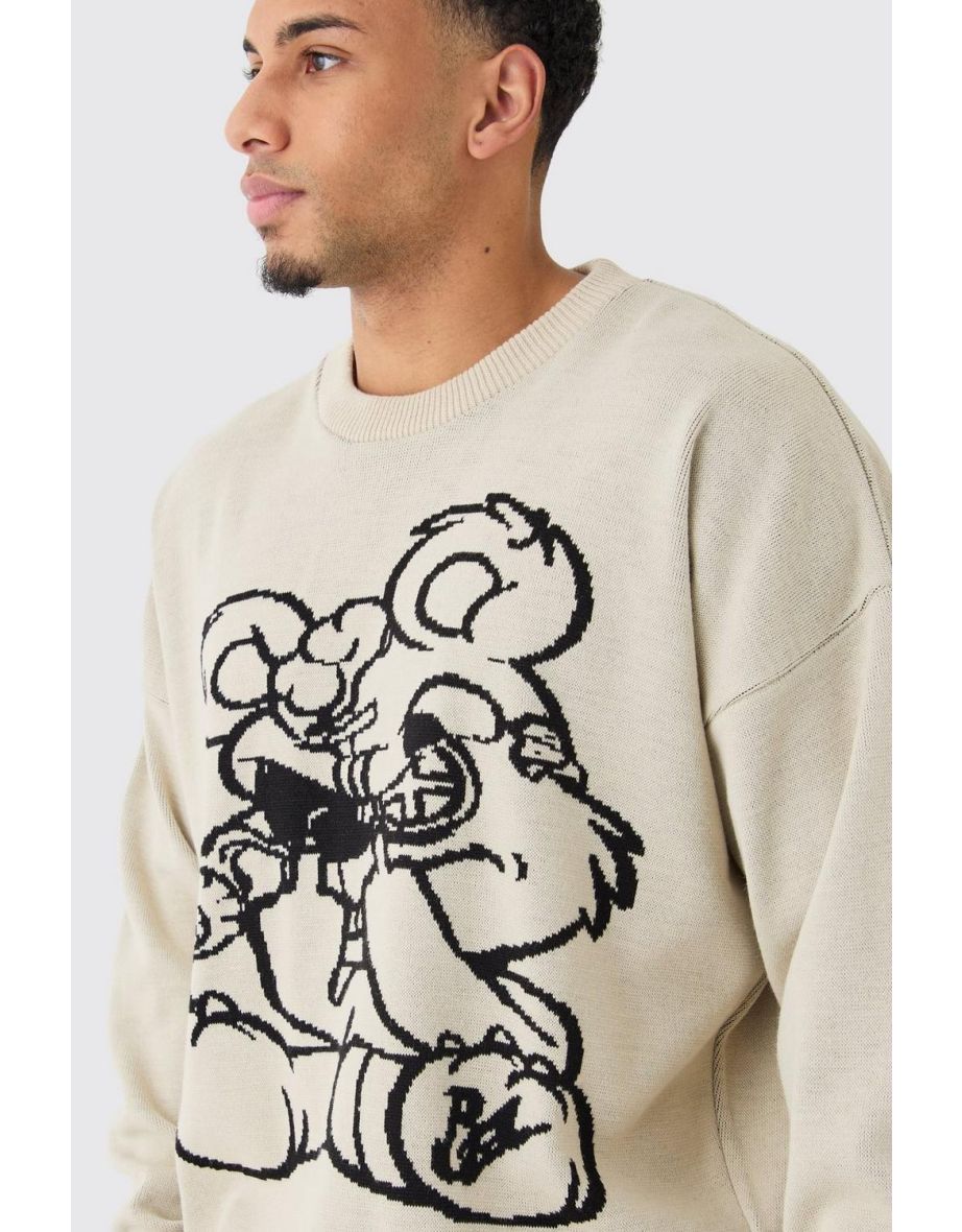 Oversized Drop Shoulder Graphic Knit Jumper - stone - 2