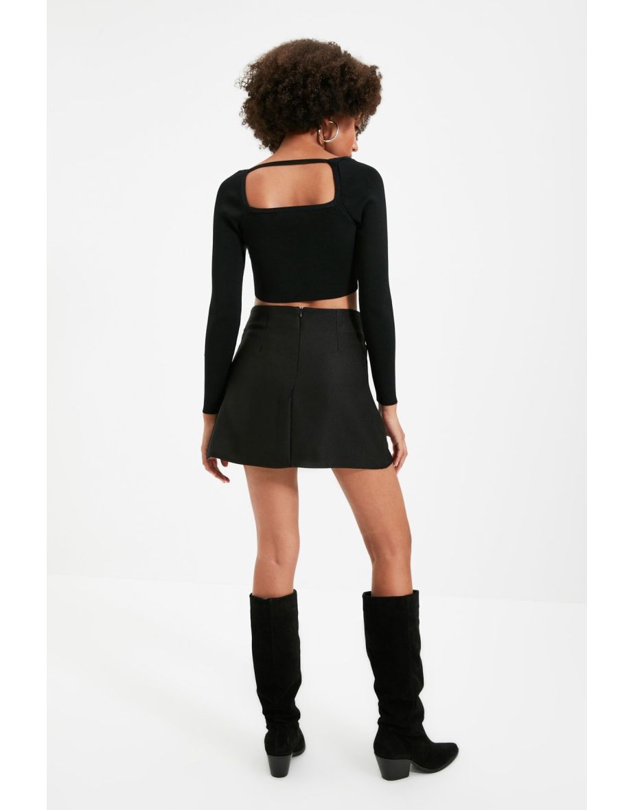 Black Buckle Detailed Pleated Mini Woven Skirt - 7