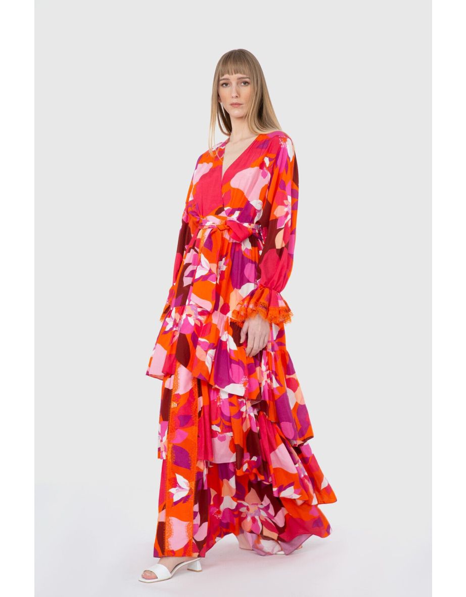 Lace And Volley Detail Long Patterned Shiny Voile Orange Dress