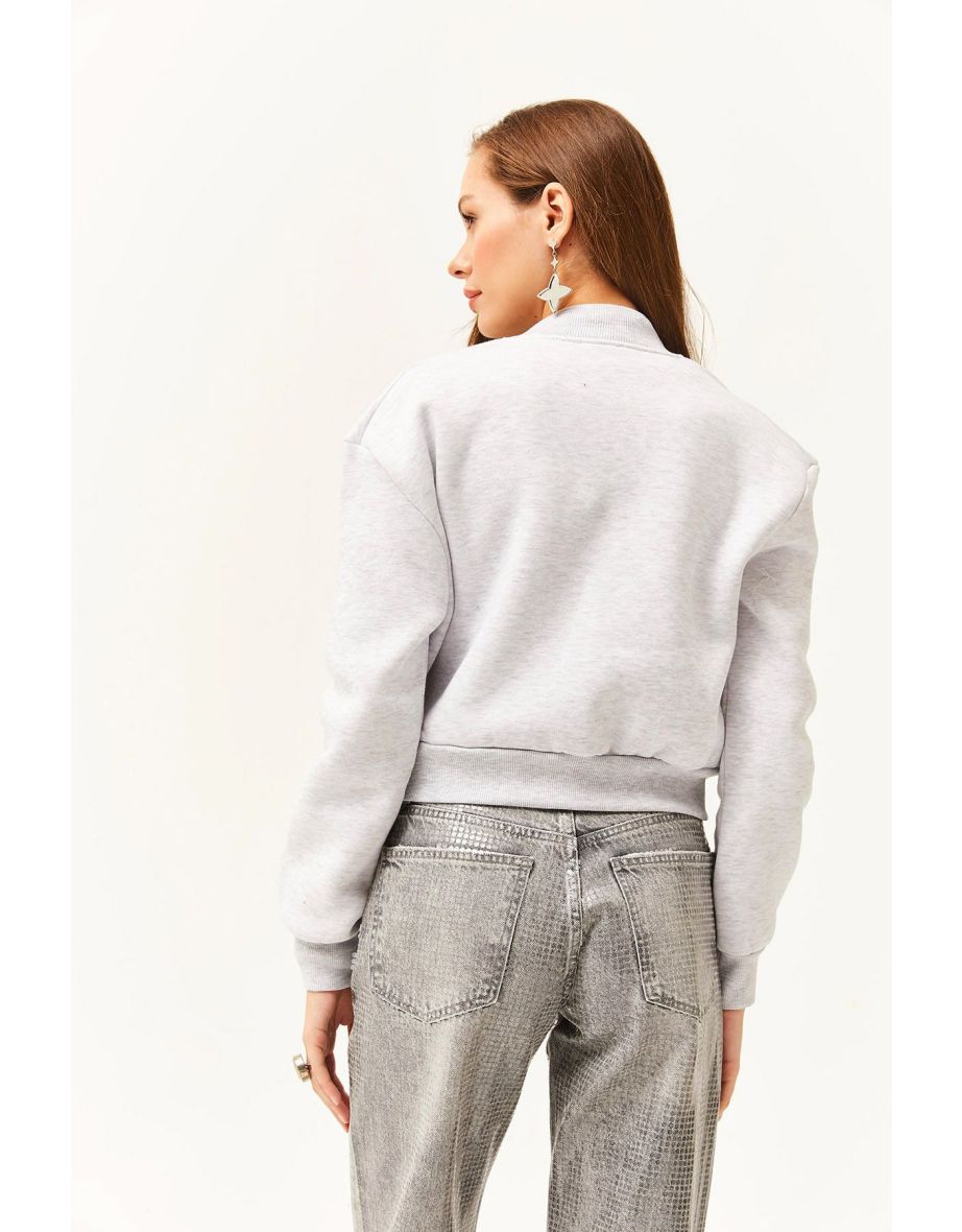 Women's Gray Pocket Snap Closure Fleece Crop Jacket - 4