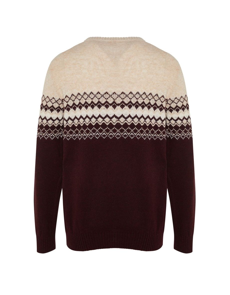 Claret Red Men's Slim Fit Crew Neck Panel Jacquard Knitwear Sweater - 7