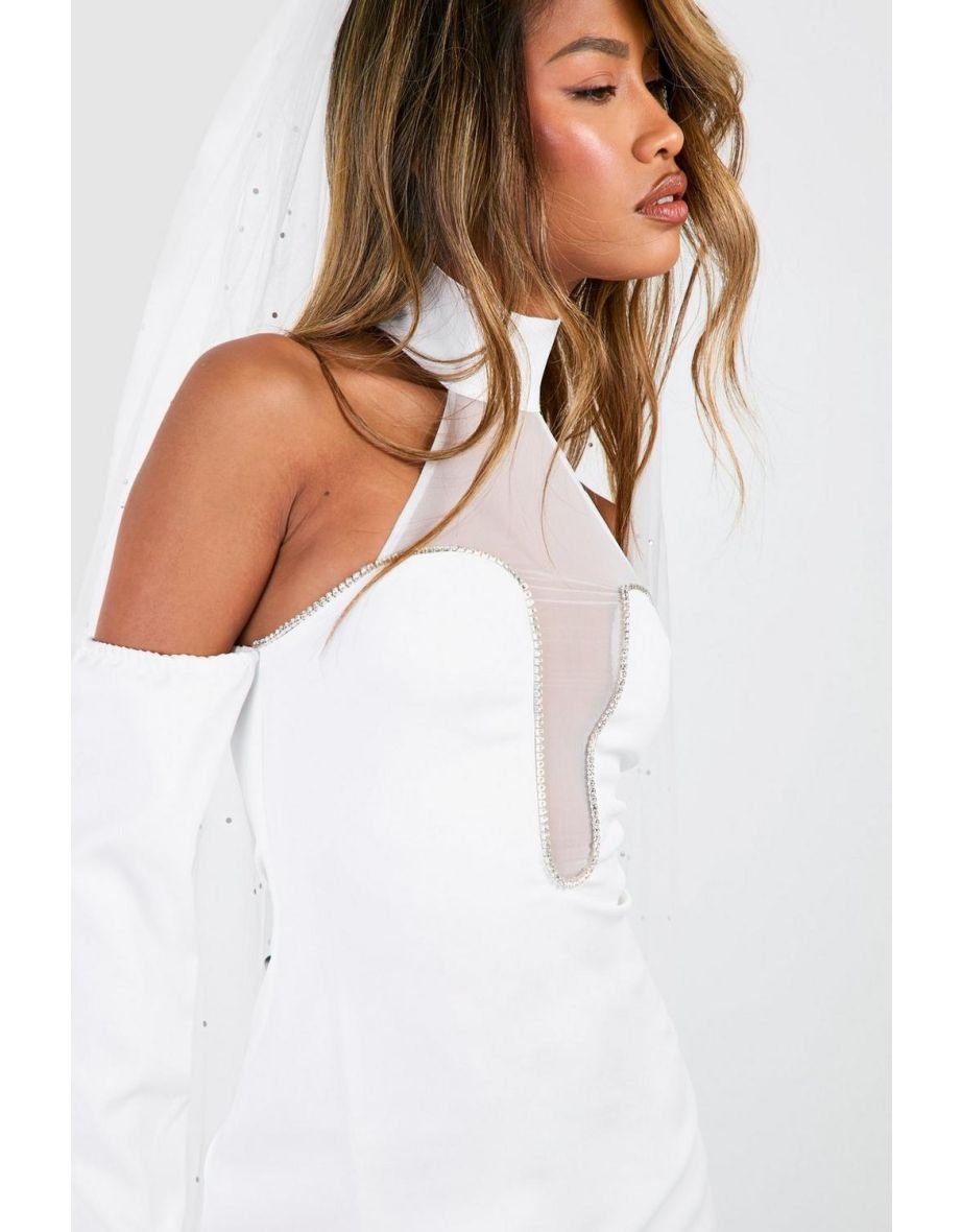 Diamante Trim Halterneck Mini Dress - white - 3