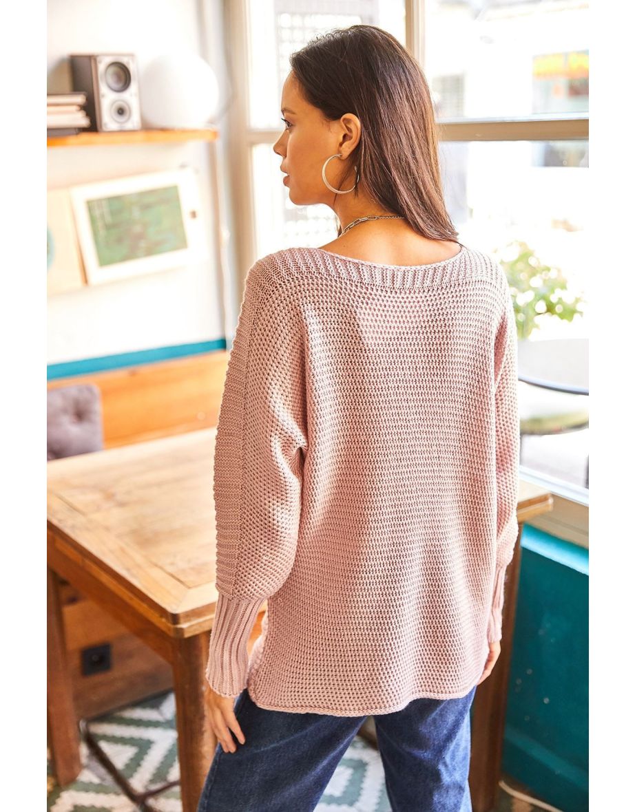 Women's Powder Sleeve Detailed Honeycomb Knit Sweater - 4