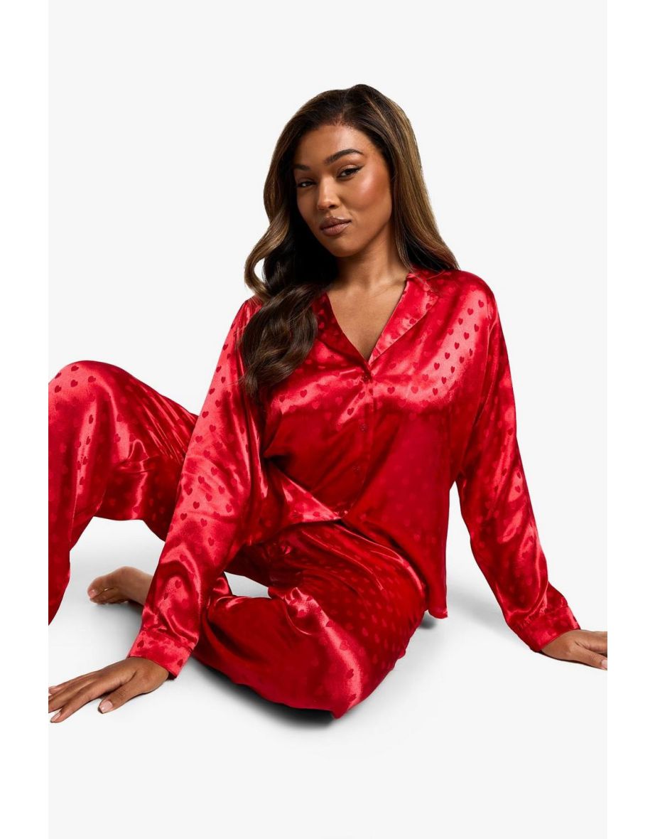 Plus Satin Heart Jacquard Shirt & Trouser Set -