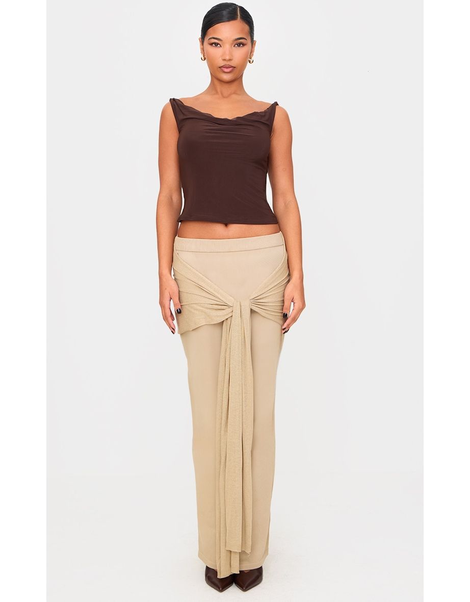 Deep Taupe Fine Knit Drape Tie Maxi Skirt