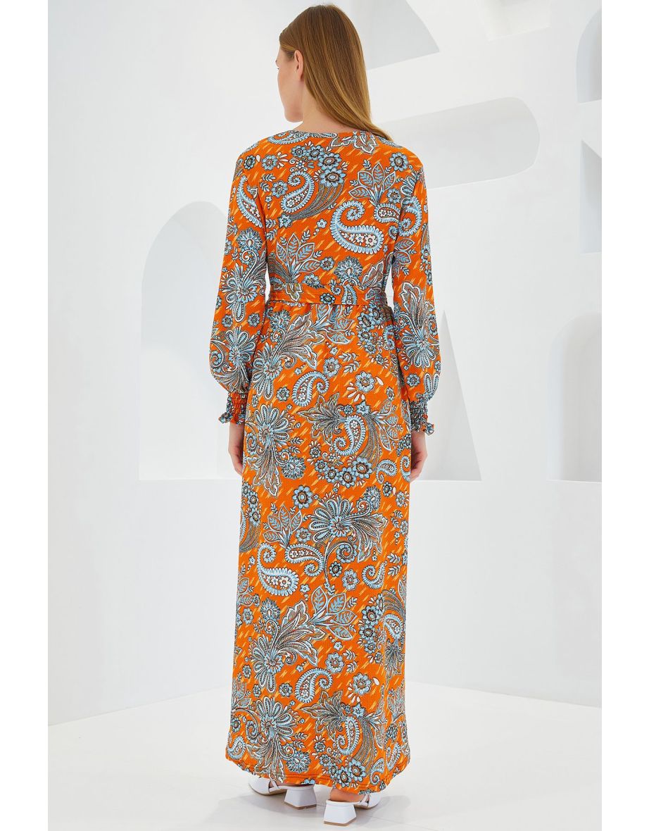 Women's Orange Floral Patterned Knitted Hijab Dress - 5