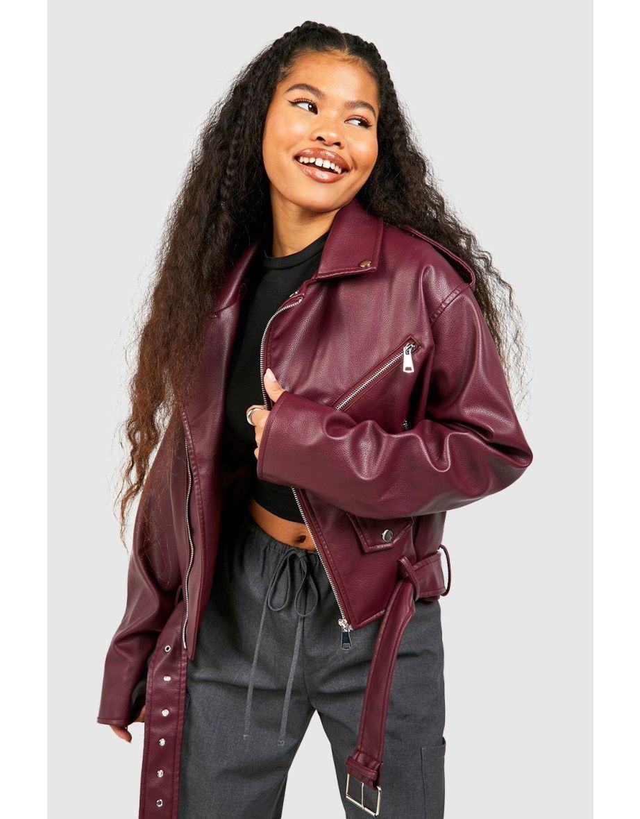 Shop Petite Faux Leather Oversized Biker Jacket wine Online in Iraq VogaCloset