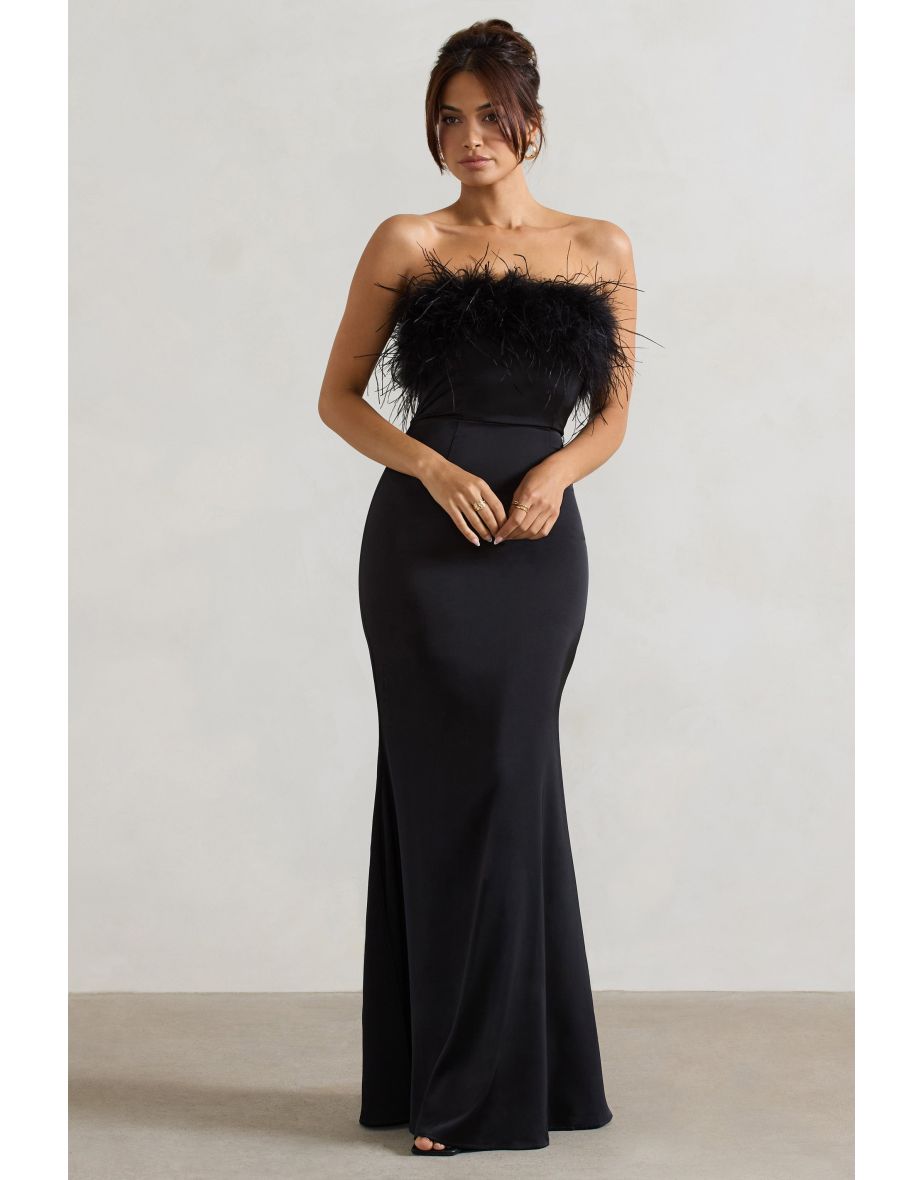 Dress For It | Black Satin Feather Trim Maxi Dress - 4
