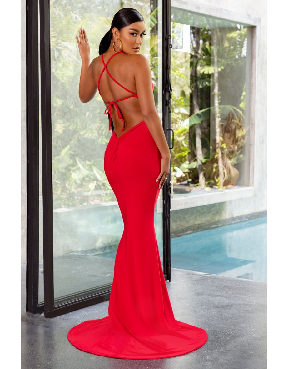 red fishtail maxi dress