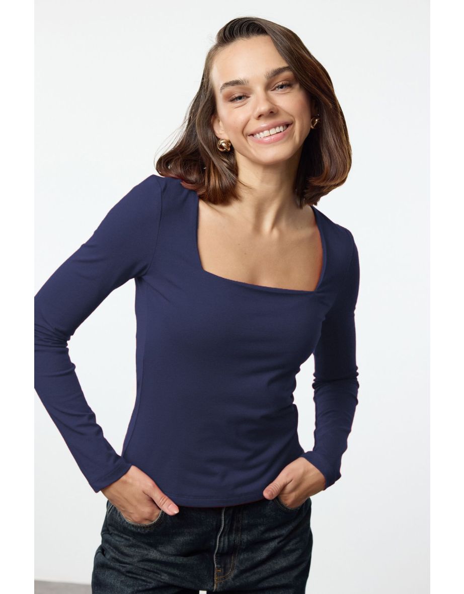 Navy Blue Cotton Square Collar Regular Fit Knitted Thin top