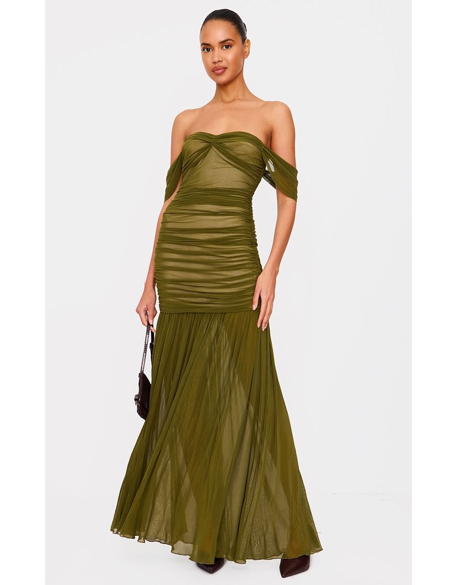 Olive Mesh Bardot Ruched Detail Maxi Dress