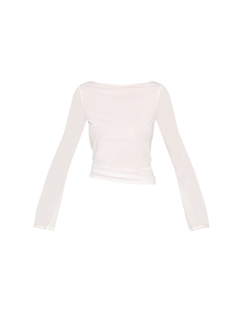 Ivory Stretch Chiffon Loose Fit Flared Long Sleeve Top - 4