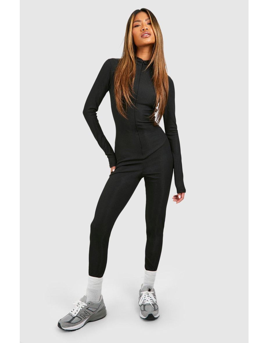Basic Ribbed Zip Up Skinny Jumpsuit - black