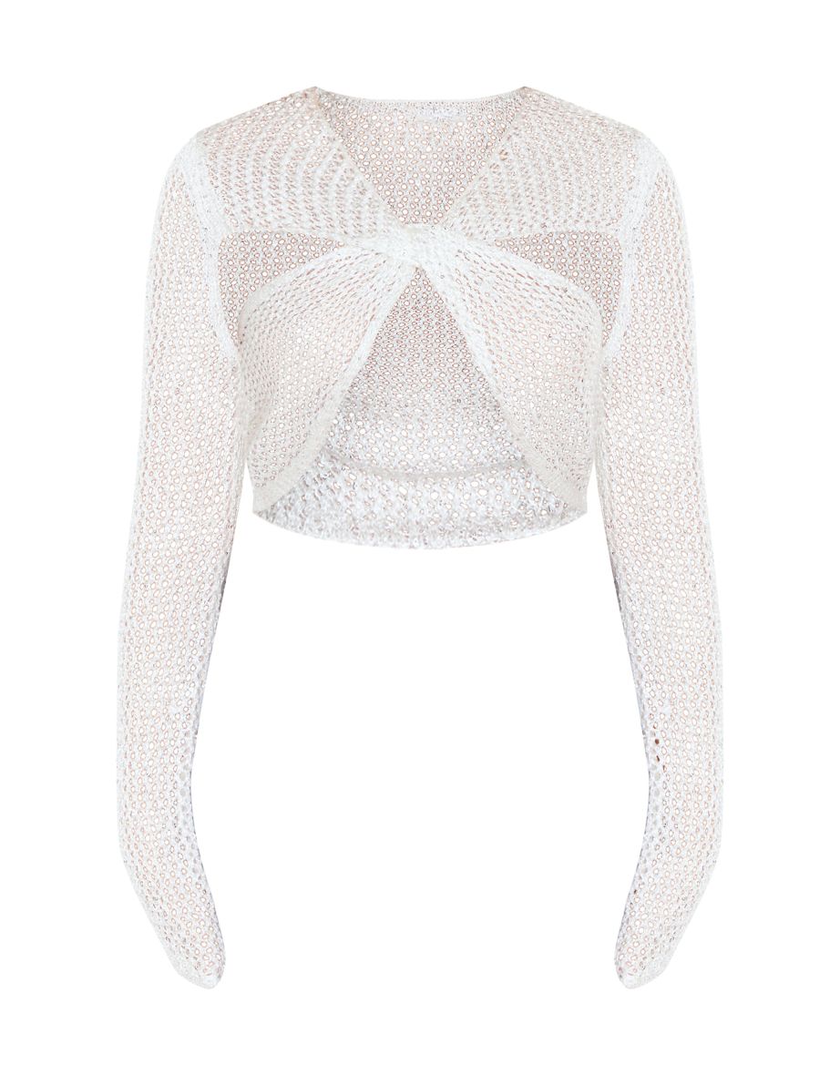 Petite White Sequin Knit Fold Over Crop Top - 4