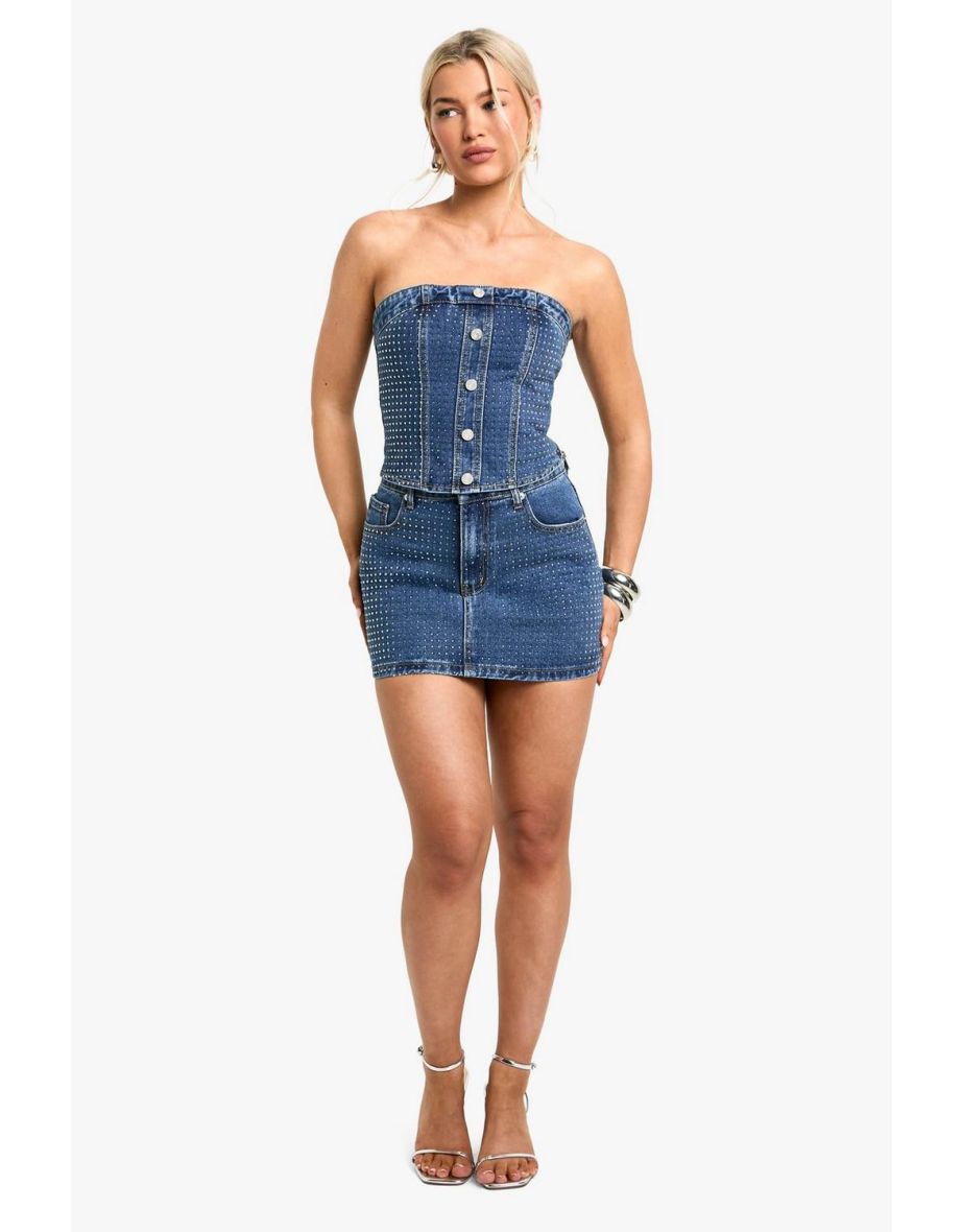Diamante Denim Mini Skirt - dark wash