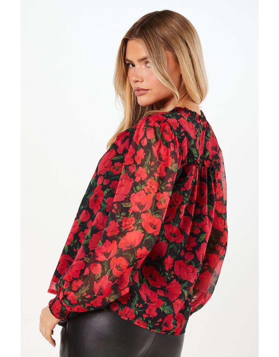 Red Floral Chiffon Ruffle Shoulder Overhead Blouse - 3
