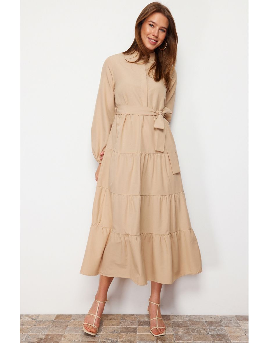 Jewelled Belted Prevailing Collar Button Detail Woven Dress - 5