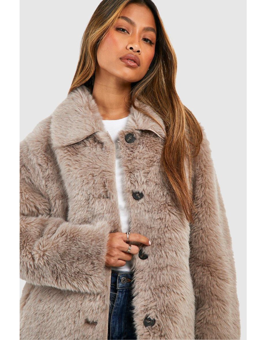 Button Through Faux Fur Coat - taupe - 3