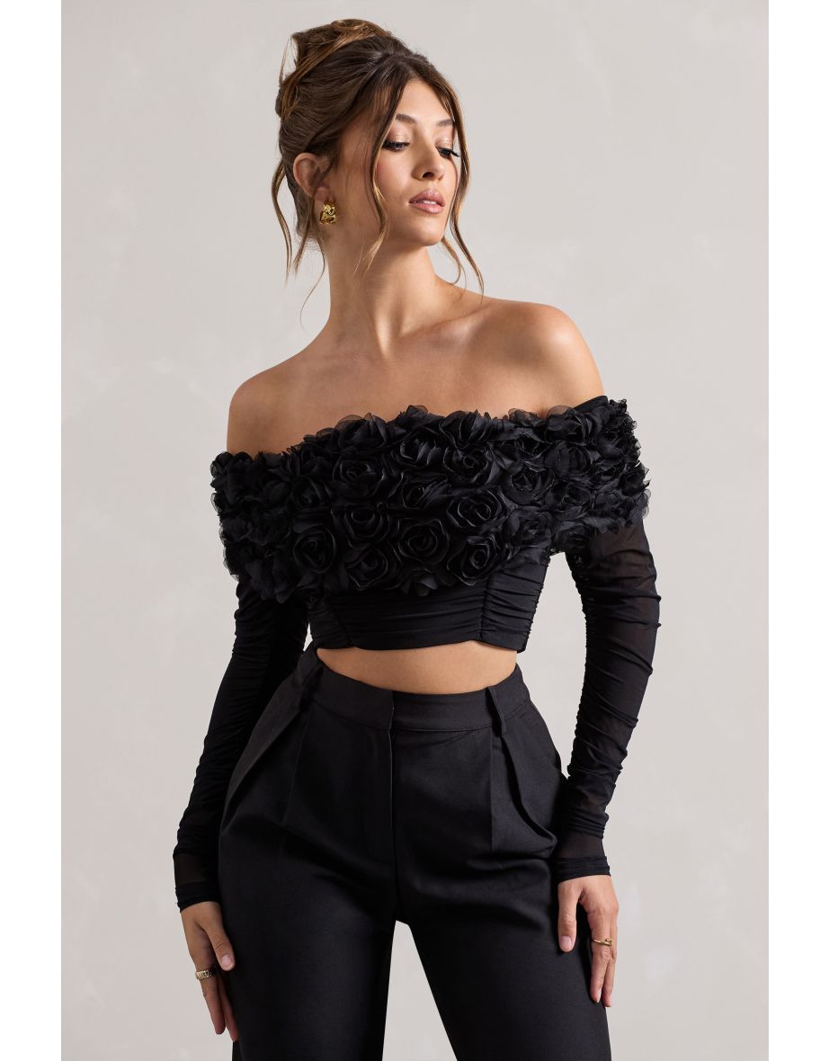 Libbie | Black Mesh Floral Bardot Top