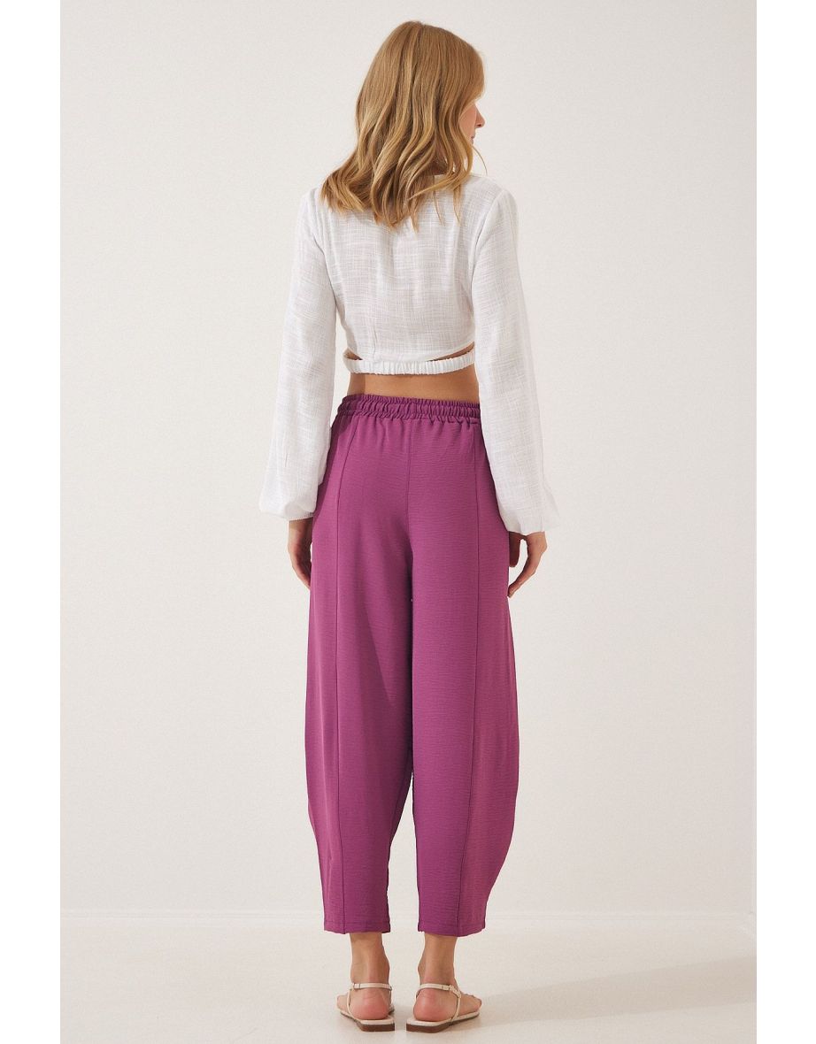 Women's Purple Linen Baggy Trousers - 2