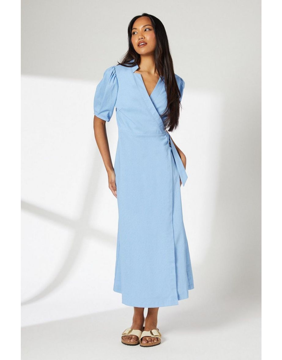Blue Linen Blend Wrap Dress