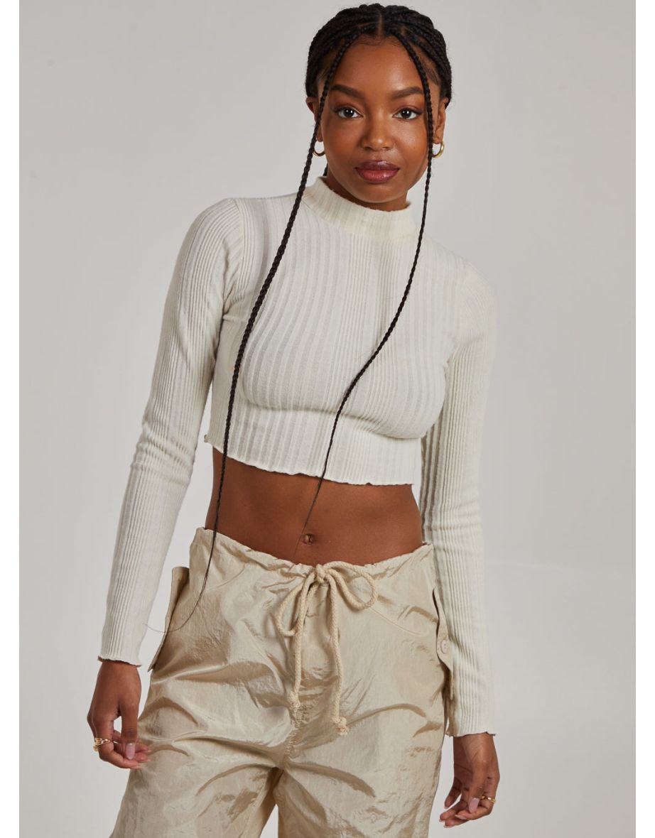 Wide Brushed Ribbed Lettuce Hem Long Sleeve Crop Top