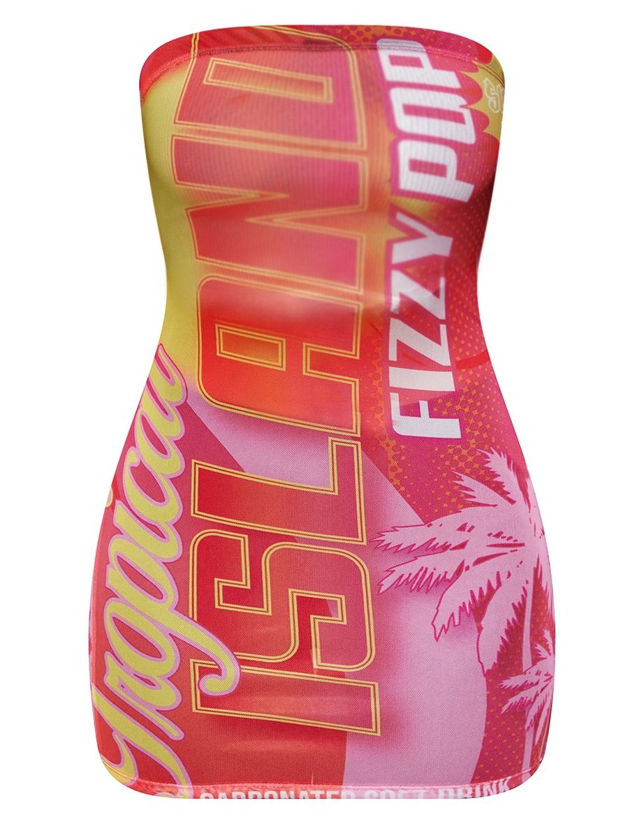 Hot Pink Candy Print Mesh Bandeau Bodycon Dress - 4