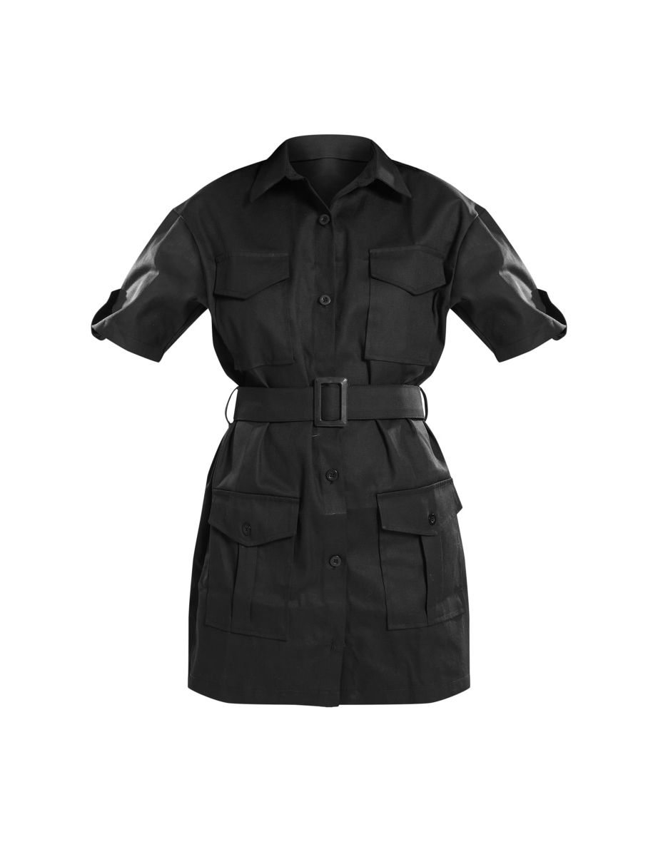 Black Cargo Shirt Sleeve Belted Shirt Dress - 4