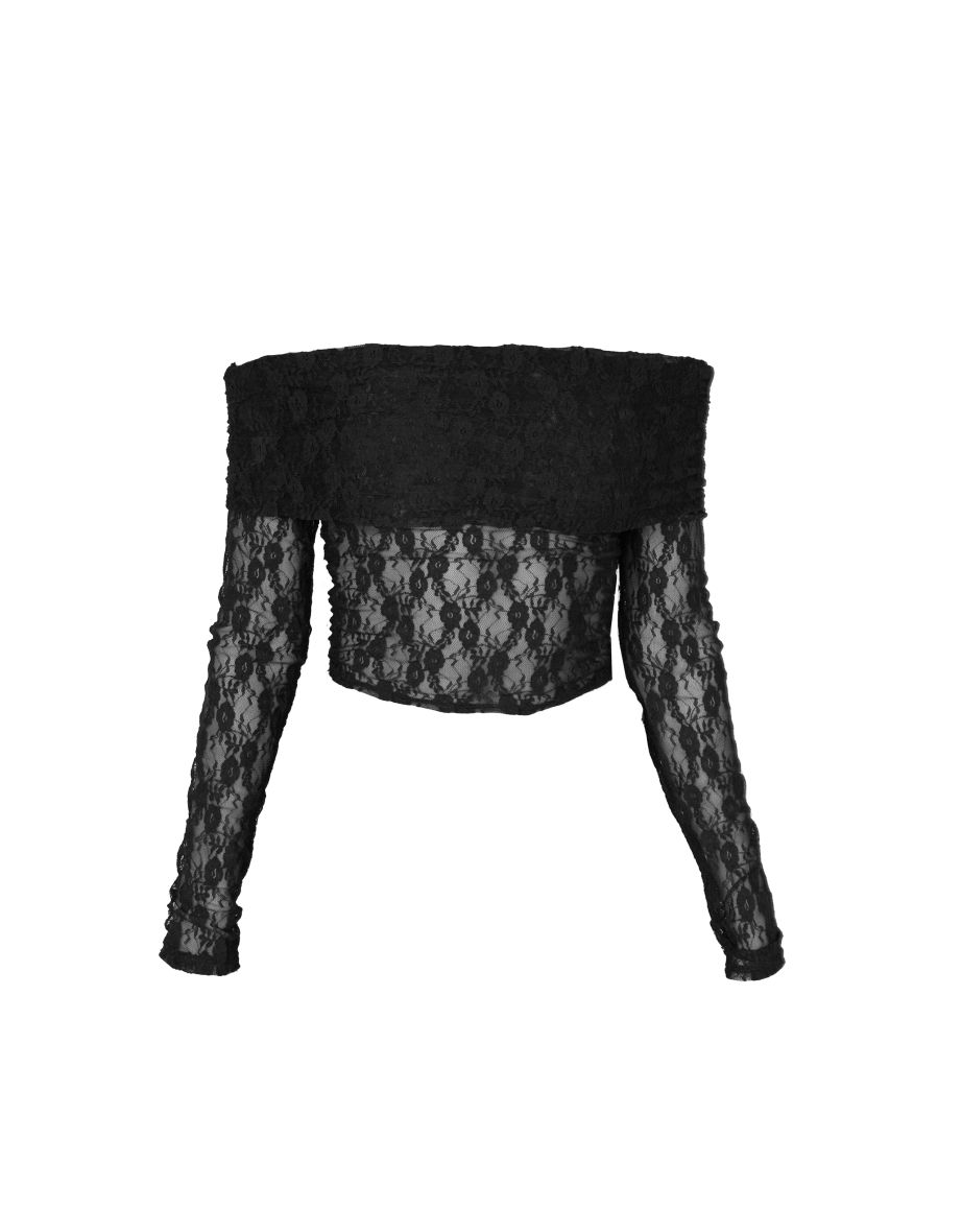 Black Stretch Textured Long Sleeve Bardot Crop Top - 4