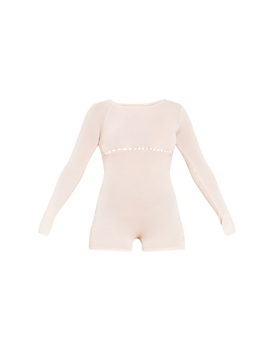 Cream Sheer Knit Cut Out Detail Playsuit - 4