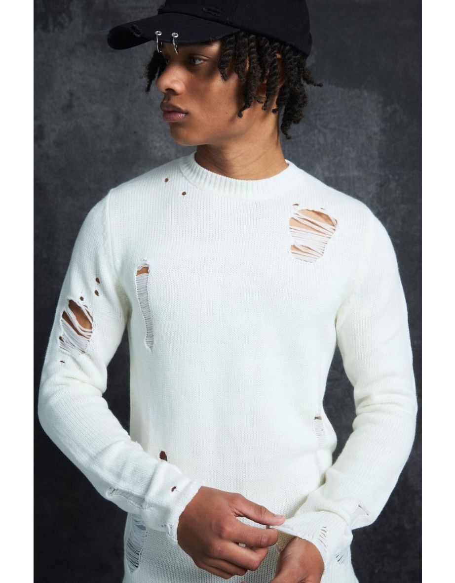 Trippie Redd Muscle Fit Distressed Jumper - white - 2