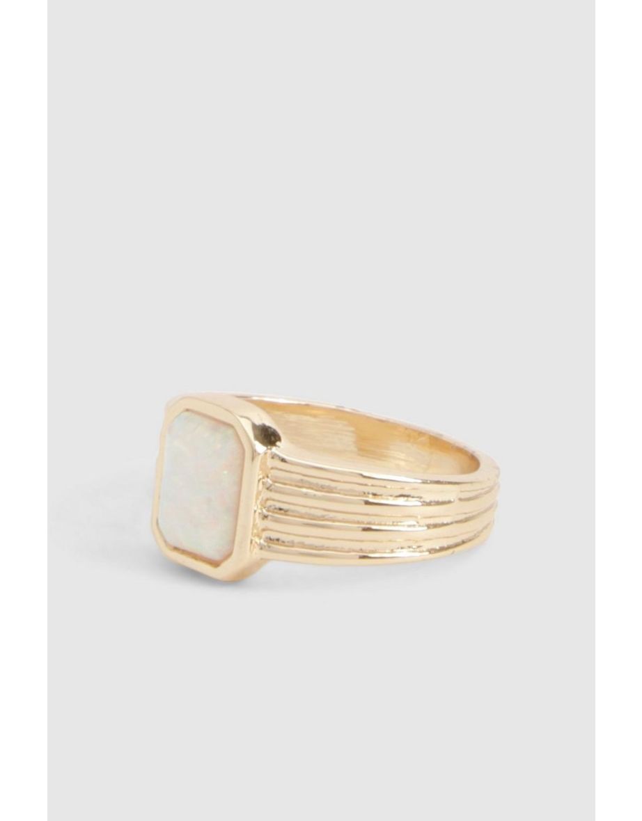Square Opal Stone Ribbed Ring - gold - 2