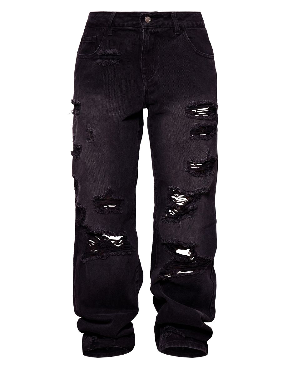 Washed Black Extreme Distressed Wide Leg Jeans - 4