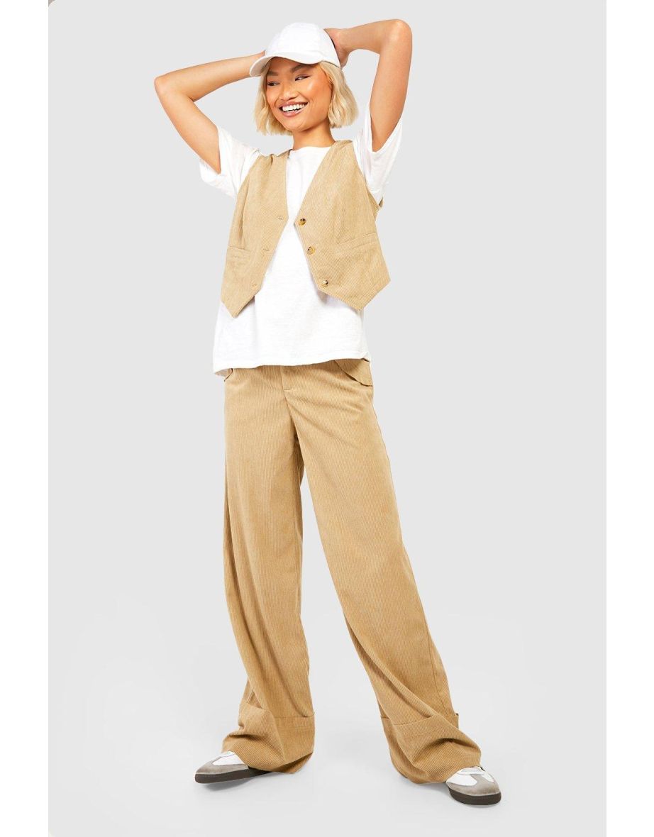 Fray Detail Wide Leg Cord Trousers - stone
