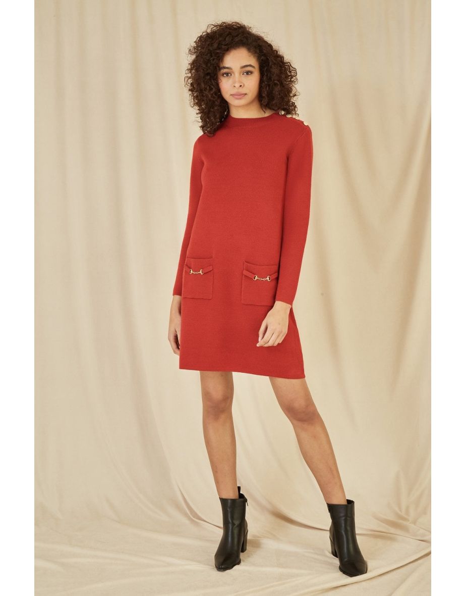 Yumi Burnt Orange Knitted Tunic Dress With Gold Hardware Details