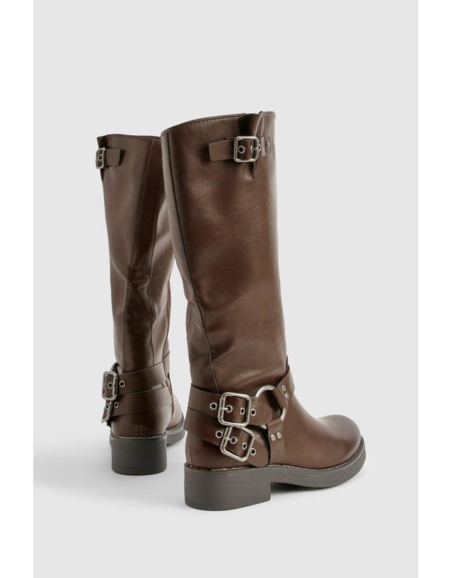 Knee High Buckle Biker Boots - brown - 3